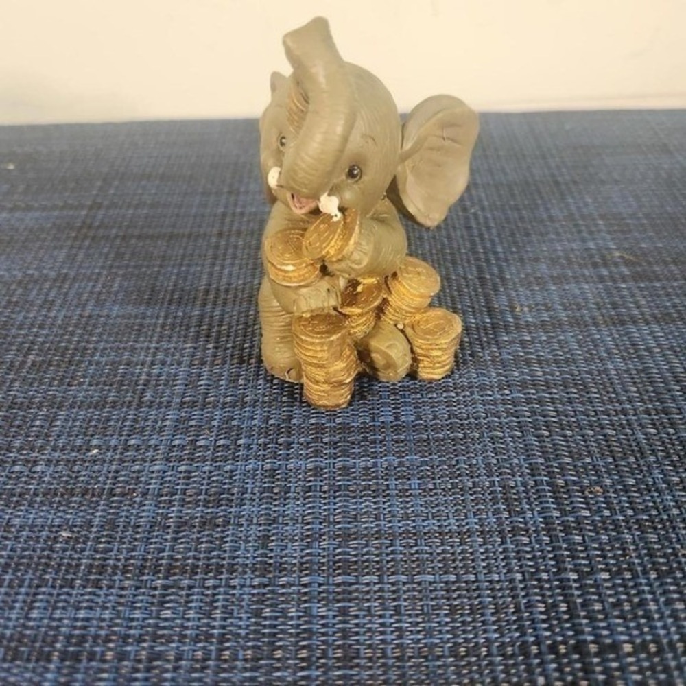 Vintage Lucky Elephant Figurine with Gold Coins  Small Resin Decor  Good Luck